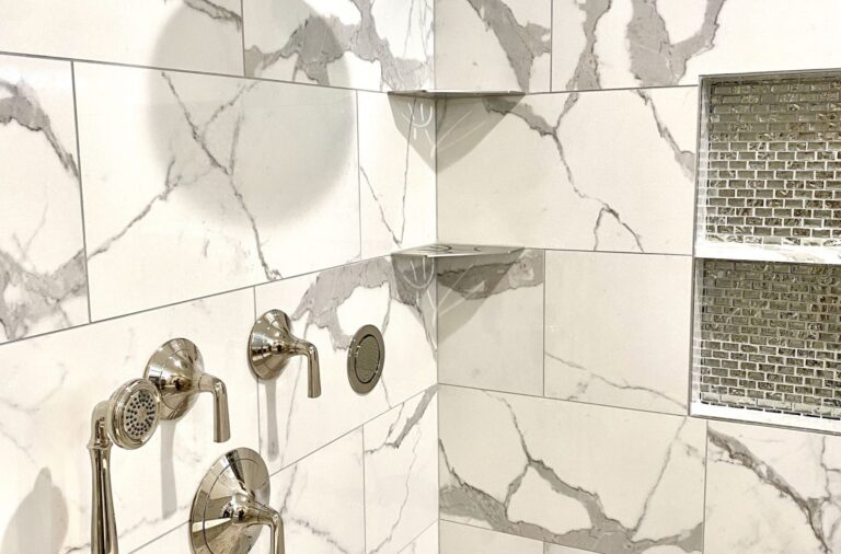 Kohler Kallista Rain Shower Head with Schluter Metal Corner Shelves in Somerset NJ