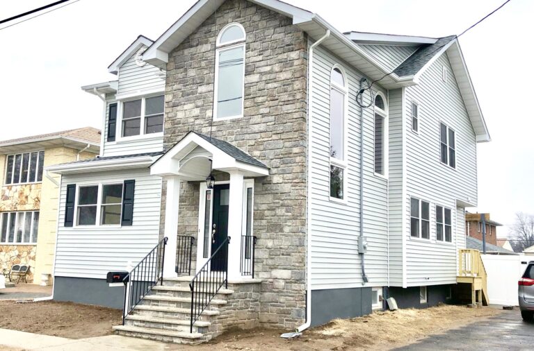 Add-a-Level Addition with GAF Roofing, Alside Conquest Siding, Andersen Windows with Front Steps and Portico in Fairlawn, Bergen County NJ