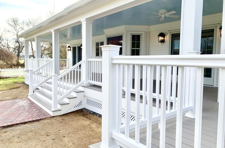 Covered Porch Addition with Azek Grooved Decking, Timbertech Radiance Coastal White Rails, Grooved Ceiling, Lighting and Fans in Washington, Warren County NJ