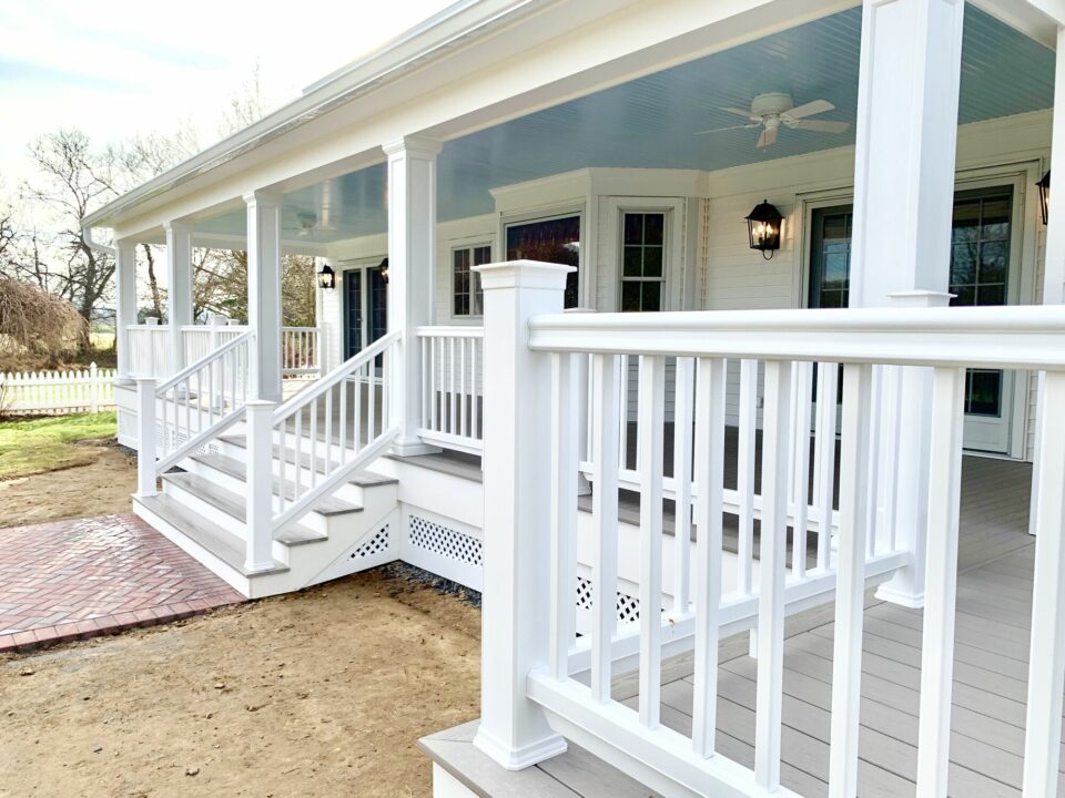 Covered Porch Addition with Azek Grooved Decking, Timbertech Radiance Coastal White Rails, Grooved Ceiling, Lighting and Fans in Washington, Warren County NJ