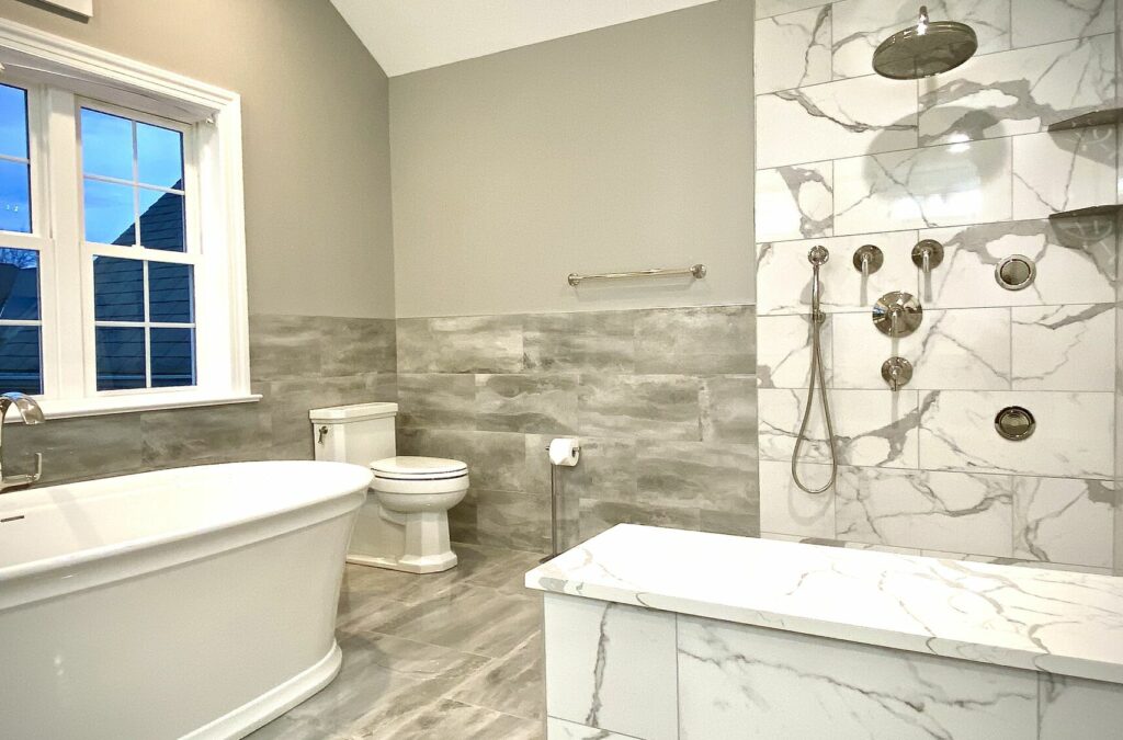 Master Bath with Kohler Soaking Tub and Kallista Faucets, Custom Shower and Bench in Central NJ