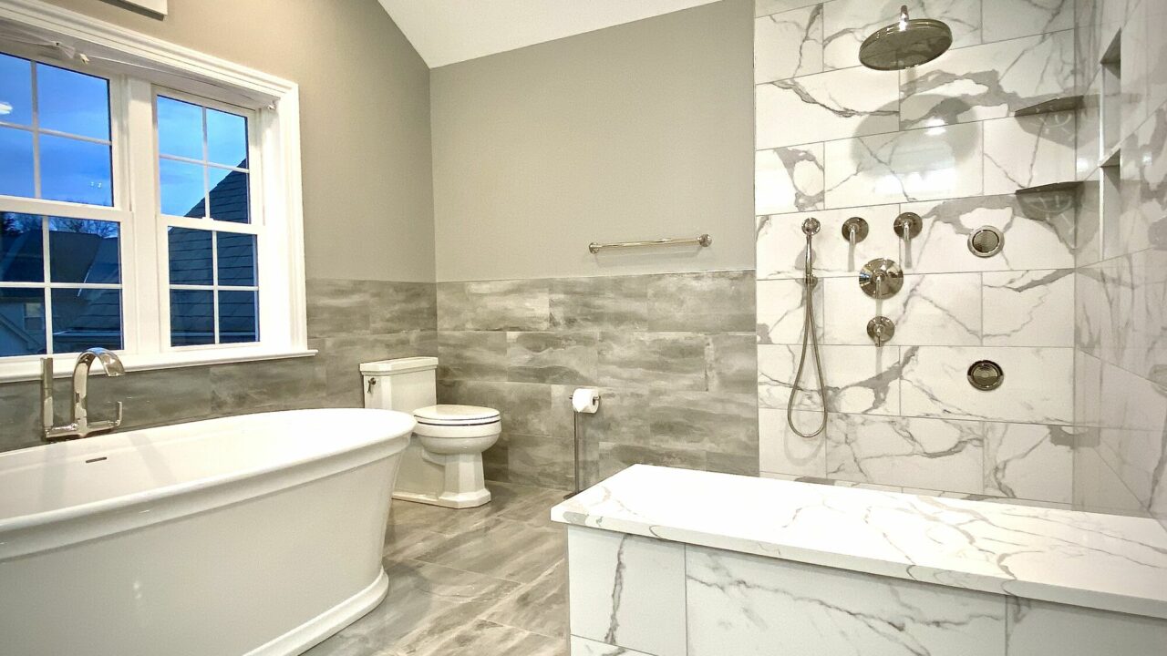 Master Bath with Kohler Soaking Tub and Kallista Faucets, Custom Shower and Bench in Central NJ