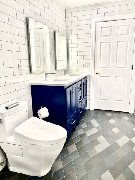 Custom Blue Double Sink Vanity, Oversized Subway Tiled Walls in Dayton, Middlesex County NJ
