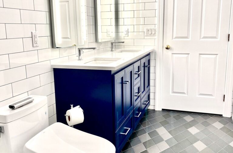 Custom Blue Double Sink Vanity, Oversized Subway Tiled Walls in Dayton, Middlesex County NJ