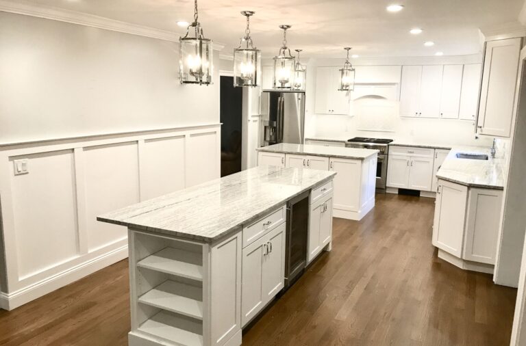 Fabuwood Galaxy Frost Cabinets, Bookshelves in Island, Wood Hood, Oak Flooring _ Granite Countertops in Sparta, Sussex County NJ