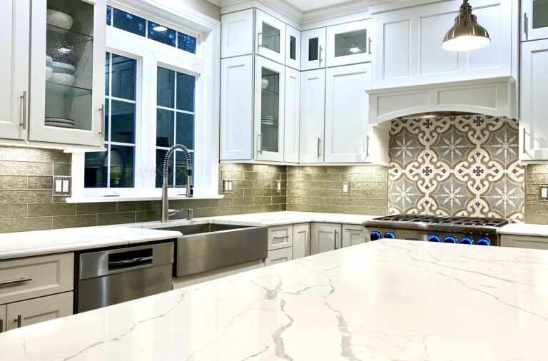 Kitchen Updated with Full Overlay Wood Cabinetry, Glass Doors with In Cabinet Lighting, Glass and Porcelain Backsplash Tile in Somerset NJ