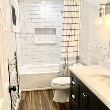 American Standard Bath Fixtures, Wood Look Floor Tile, Subway Tub and Shower Wall Tile, Towel Warmer in South Amboy, Middlesex County NJ