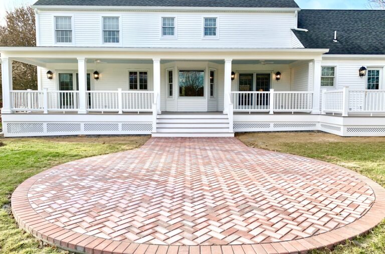 Cambridge Paver Patio, Covered Porch with Azek Composite Grooved Decking, Timbertech Radiance Rails in Washington, Warren County NJ