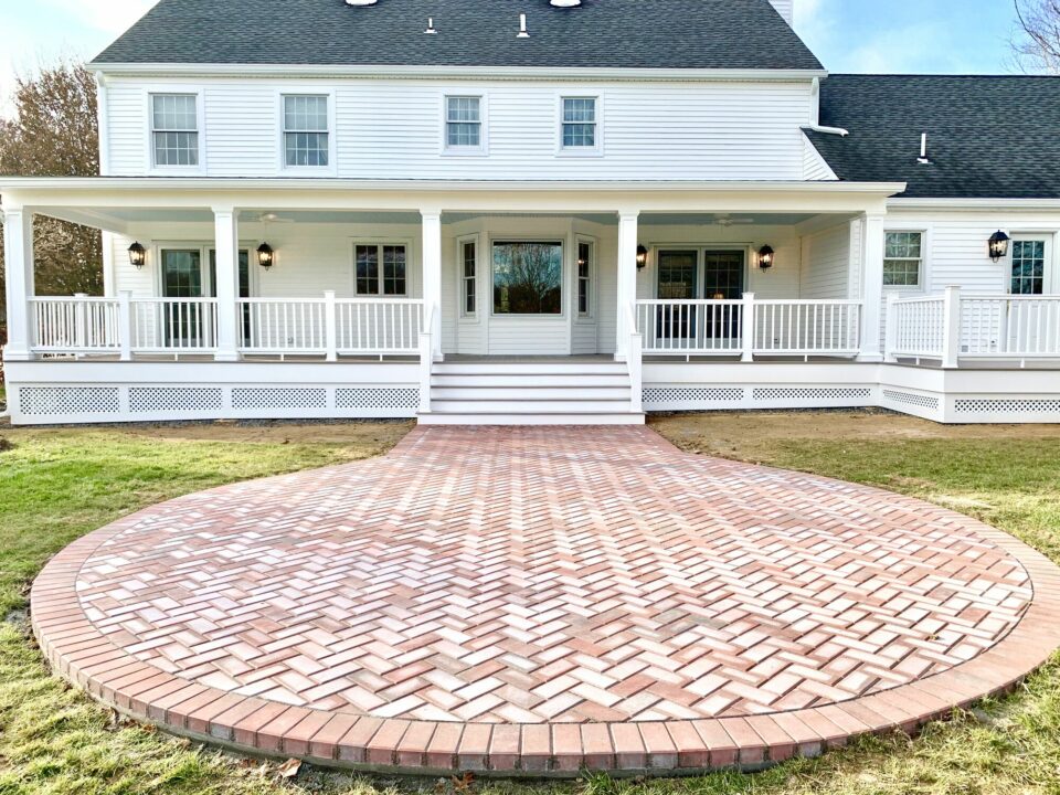 Cambridge Paver Patio, Covered Porch with Azek Composite Grooved Decking, Timbertech Radiance Rails in Washington, Warren County NJ