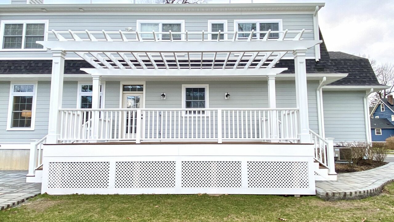 Composite Azek Deck and Pergola with Cambridge Lower Patio in Chatham, Morris County NJ