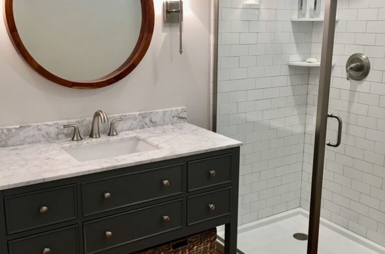 Basement Bath with Corner Shower, Porcelain Tile, Wood Vanity in Warren County NJ