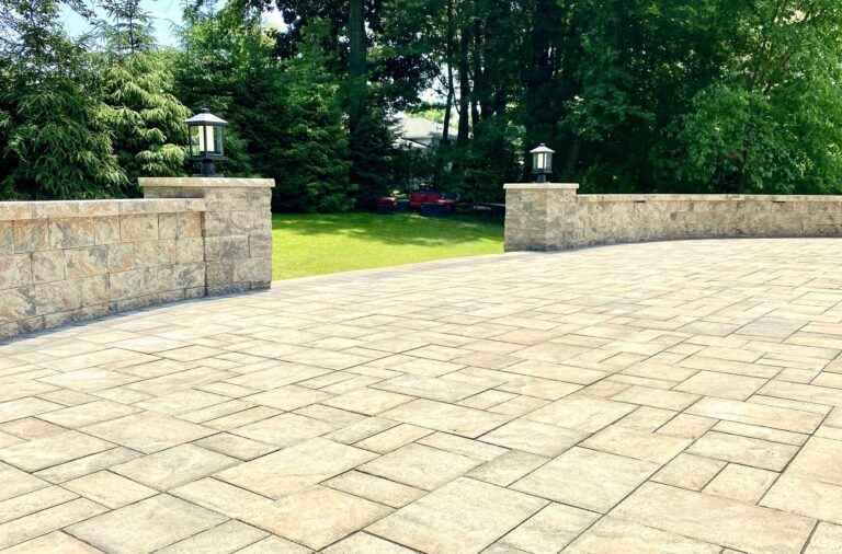 Raised Cambridge Ledgstone Paver Patio in toffee Onyx Light with Matching Steps, Sitting Walls, Columns in Oradell, Bergen County NJ