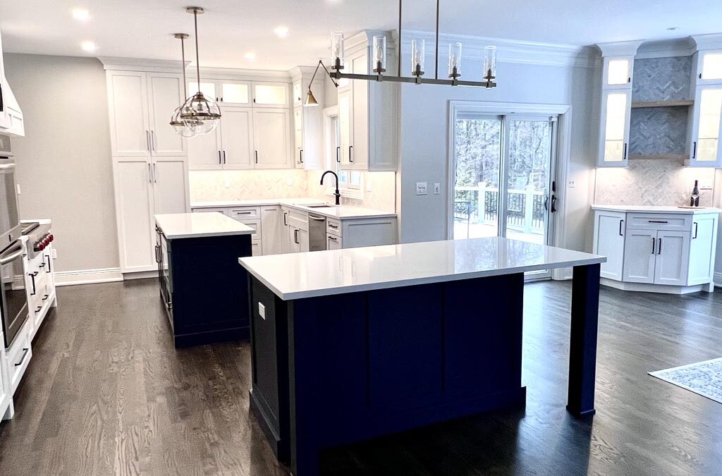 Sparta, NJ kitchen remodeling project with blue prep and seating island bar cabinetry.