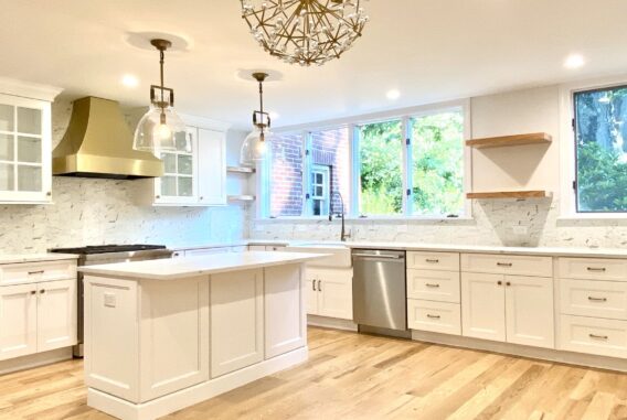 Kitchen Renovation with Fabuwood Full Overlay Wood Cabinets, Open Shelving, Quartz Countertops, Oak Hardwood Flooring in West Orange, Essex County NJ