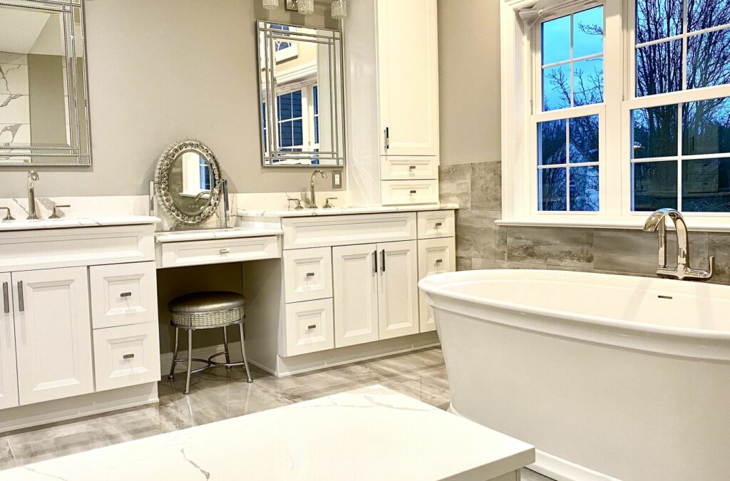Master Bath Remodeling with Custom Cabinetry, Kohler Kallista Plumbing Fixtures with Porcelain Tile in Central NJ