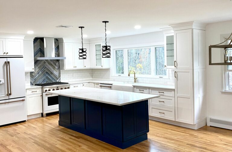 Open Concept Kitchen Remodeling with Wood Cabinetry, Custom Island, Quartz Tops, Harwood Flooring, New Thermopane Windows, GE Cafe Series in Berkeley Heights NJ
