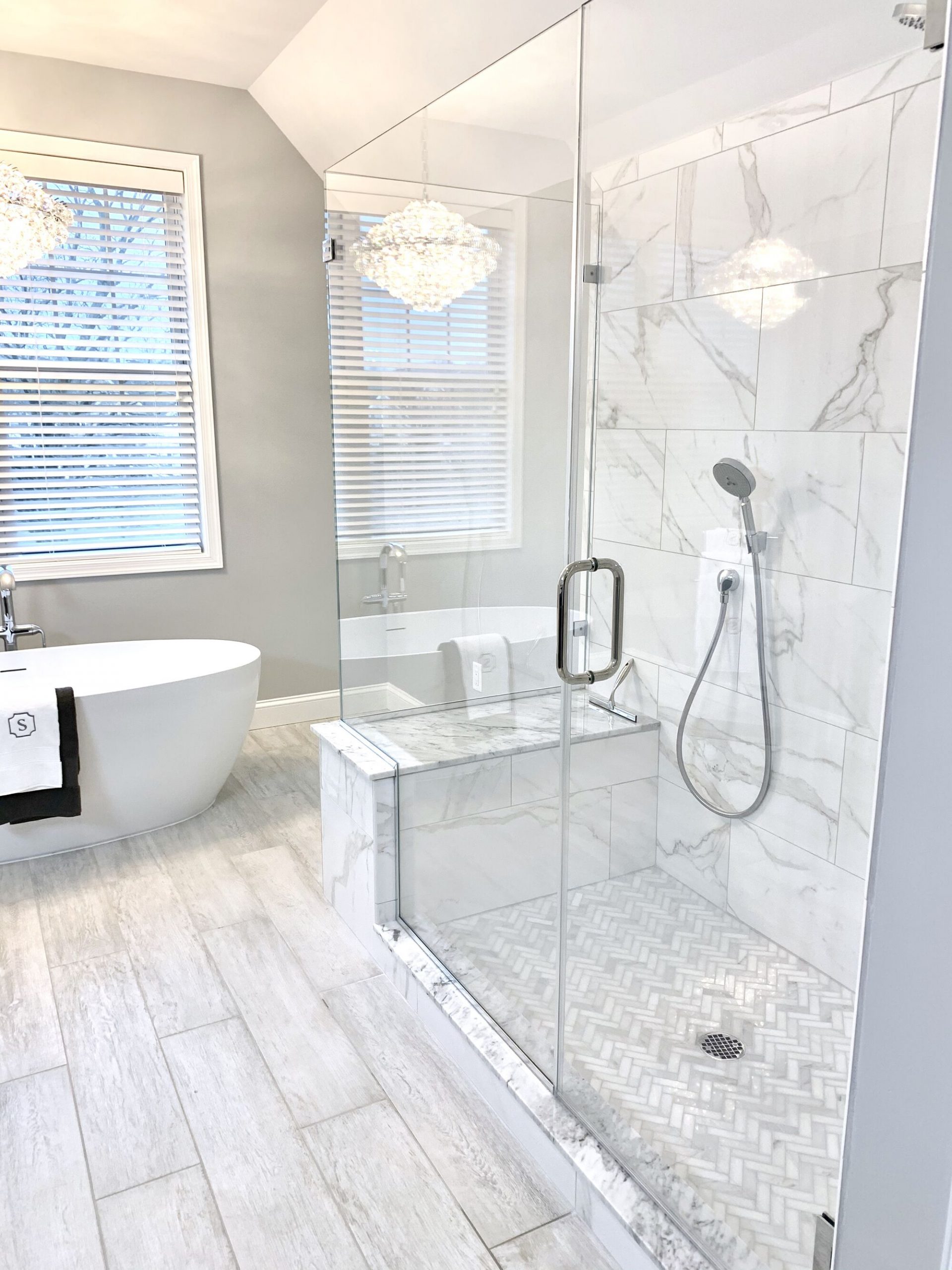 Master Bath Remodeled with Freestanding Tub, Custom Shower with Bench and Wrap Around Glass in Sparta, Sussex County NJ