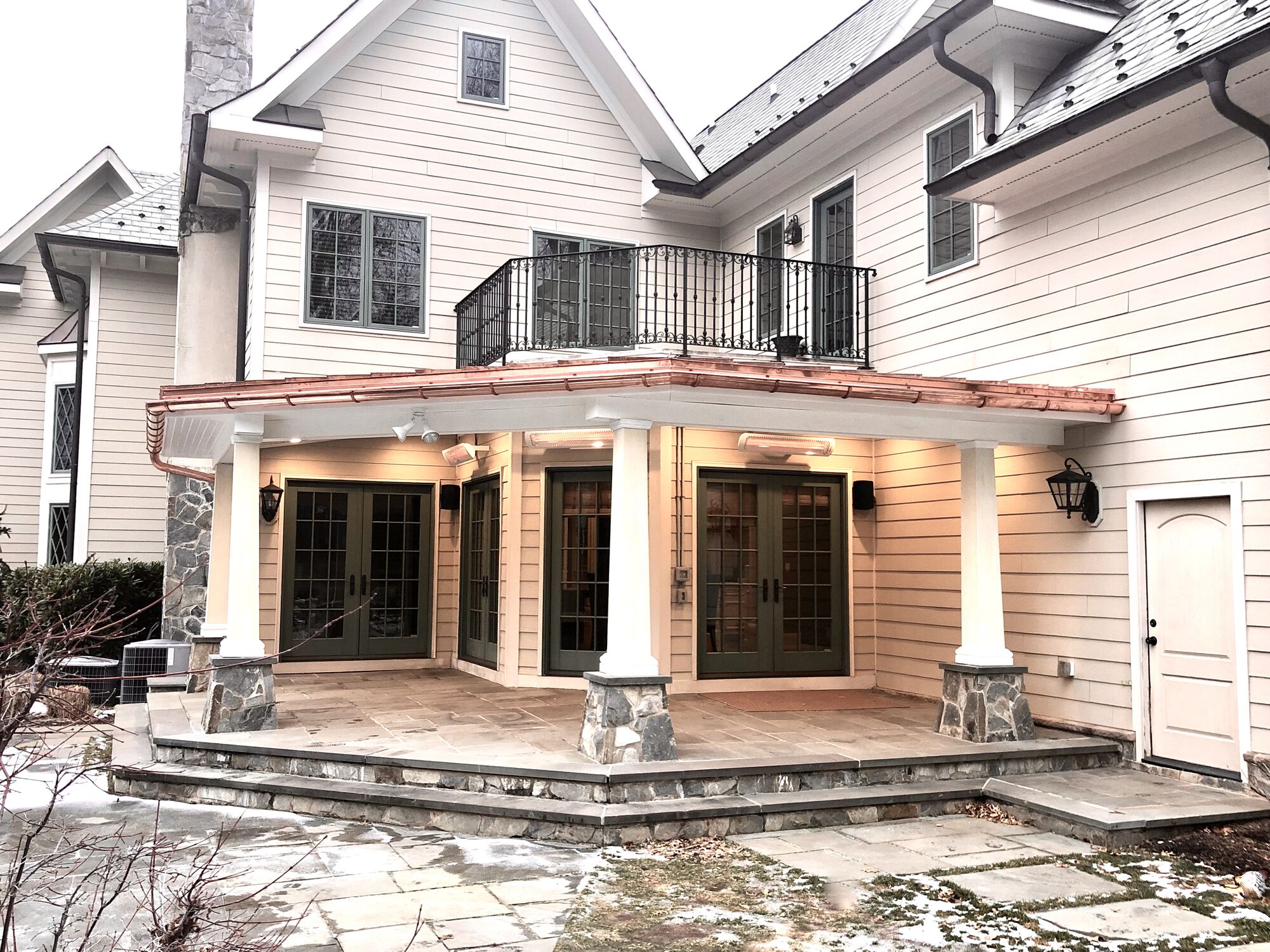Covered Porch Build with Copper Roofing, HBG Fibercast Posts, Azek Trim, Lighting, Electric Radiant Heating in Madison, Morris County NJ