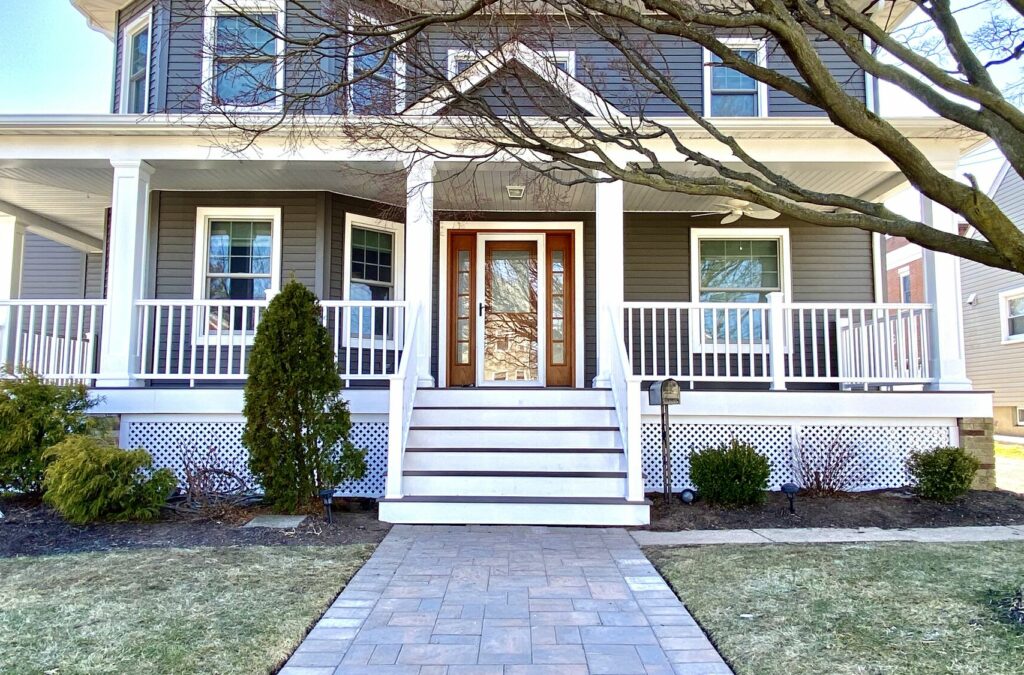 Front Porch Remodeling with Azek Timbertech Grooved Composite Flooring and Rails, HBG Posts, New Composite Steps, Cambridge Paver Walkway in Hasbrouck Heights, Bergen County NJ