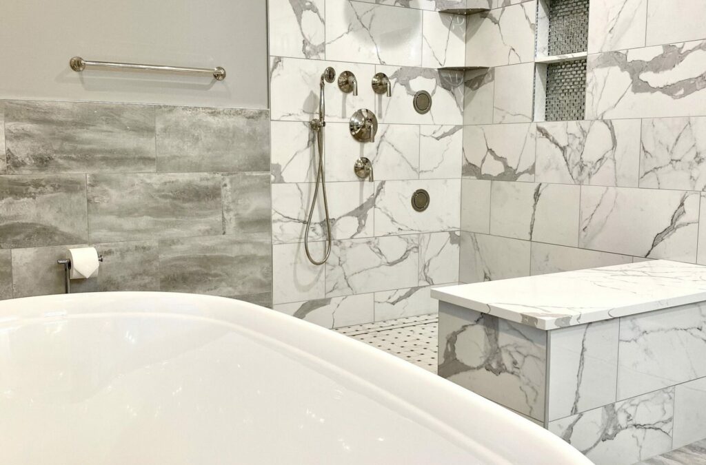 Customer Shower with Kallista Fixture, Kohler Freestanding Tub, Porcelain Tiles and Quartz Tops in Somerset, Somerset County NJ