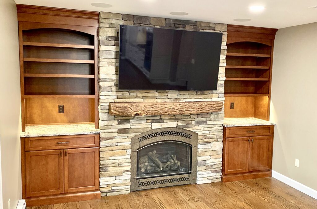 Built In Cabinetry with Boral Stone for Fireplace Surround in Rockaway, Morris County NJ