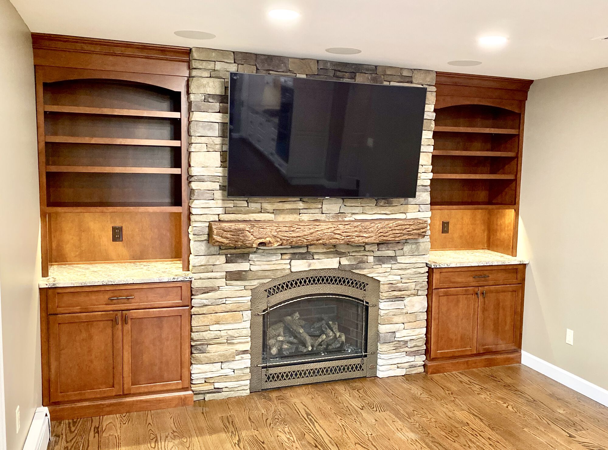 Built In Cabinetry with Boral Stone for Fireplace Surround in Rockaway, Morris County NJ