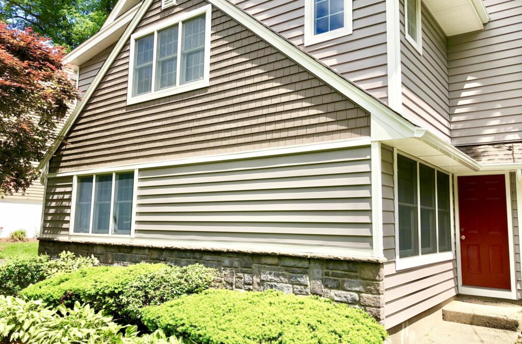 Certainteed Shake and Insulated Clapboard Siding with Boral Sculpted Ashlar Stone Foundation in Ridgewood, Bergen County NJ