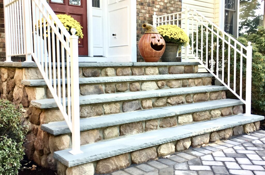 Front Steps with Boral Fieldstone Risers, Bluestone Treads, Aluminum Railings in Berkeley Heights, Union County NJ AFTER (1)