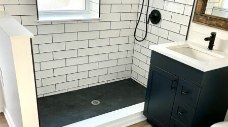 White tile and dark cabinet bathroom remodeling in Whippany, NJ