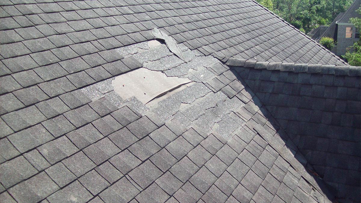 A section of roof with missing and damaged shingles.