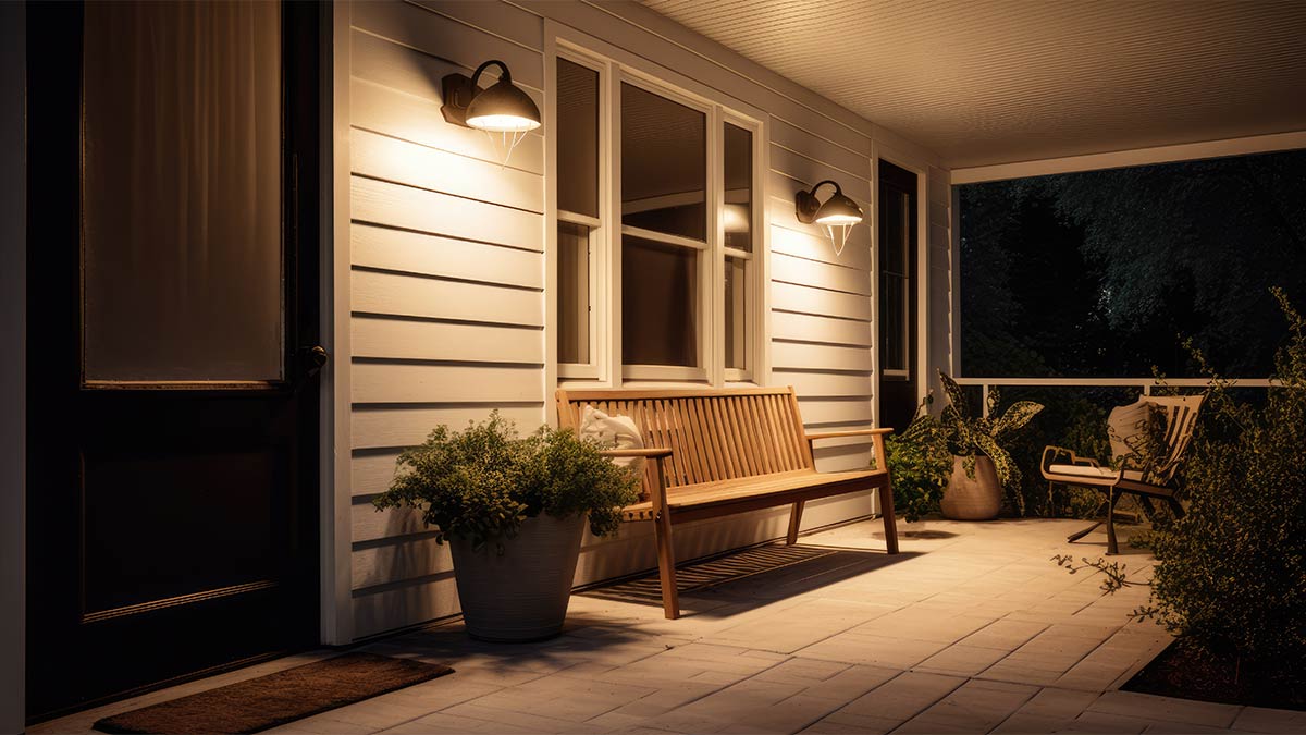 A front porch of a house at night with sconce lights illuminating a bench, chairs, and flower planters.