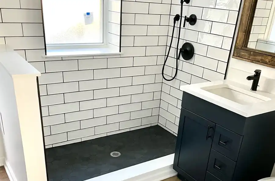 View of the partitioned new shower and sink install in Whippany, NJ.